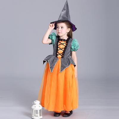 China Print 2021 Dresses Girl Performance Pumpkin Princess Dress Short Sleeve Tulle With Hat Halloween Costume for sale