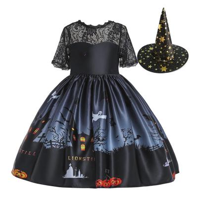 China Dresses Fashion Halloween Costume Short Sleeve Lace Print Pattern Bubble Witch Girl Performance Dress With Hat for sale