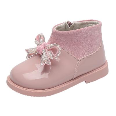 China New Fashion Spring Flat Children Flat Shoes Princess Baby Girl Martin Boots Autumn Pu Bow Pearl Sweet for sale