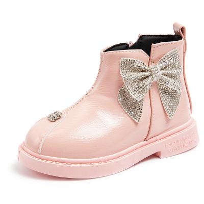 China Sweet Princess Teenagers Girls Flat Martin Boots PU Autumn Kids Shoes Bow Rhinestone New Spring Flat Wholesale for sale