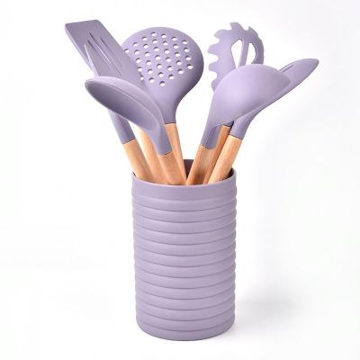 China Morandi Color Silicone Kitchen Utensils Viable Appliances Set Nonstick Heat Resistant Non-Stick Pan 8 Sets Wooden Handle Shovel Spoon Set for sale