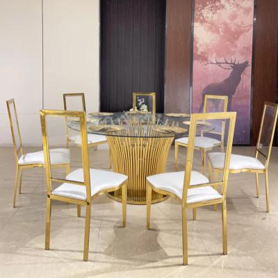 China Customized Modern Luxury Wedding Party Tempered Frosted Glass Dining Table Polished Plating Silver Metal Restaurant Table For Restaurant for sale