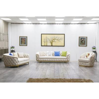 China Tufted New Style Glam Luxury Gold Stainless Steel Decors Living Room Upholsterd Sofa High Density Cushioned Tufted Sofa Set For Hotel for sale