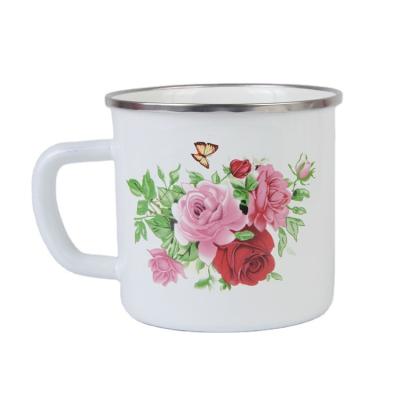 China Sustainable Custom Logo Enamel Mug 250ml 350ml Flower Printed Pattern Drinking Cup for sale