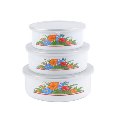 China 5pcs Sustainable Sets Enamel Food Storage Bowl Set Custom Size Salad Mixing Bowl With Plastic Lid for sale