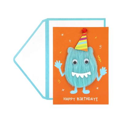 China Custom Made Personalized Funny Handmade North America Fuzzy Monster Kids Happy Birthday Greeting Cards With Envelopes for sale