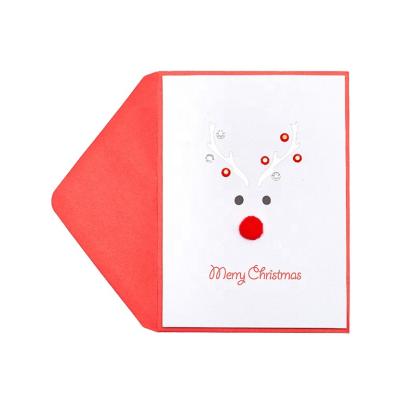 China North America Cute Reindeer Handmade Christmas Cards, High Quality 3D Greeting Cards with Pom Pom for sale