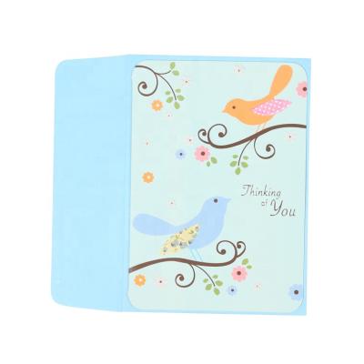 China North America Cute Birds Handmade Sympathy Cards , Custom Printing Foil Greeting Cards With Printed Fabric for sale