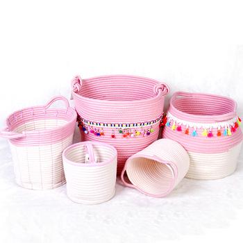 China Home Storage Baskets Jute Kids Rope Toy Storage Basket Set Cotton Woven Round Laundry High Quality Home Storage Baskets Baby Large With Long Handles for sale