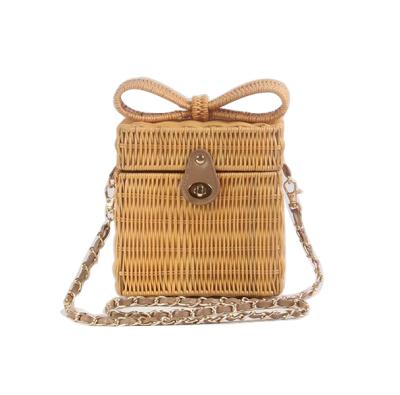 China Cute Fashion Lady Travel Square Bottom Bow Beach Women Rattan Shoulder Straw Bag for sale