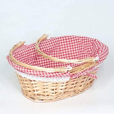 China Sustainable unfinished wooden chip woven basket with fabric lining/wooden woven picnic basket/fabric bread basket for sale