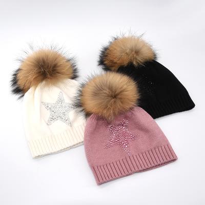 China breathable & KAZUFUR Beanie Hat Hot Diamonds Knit High Quality Waterproof Embroidered Knitting Fur Pom Pom Beanie Hats Children Hats for sale