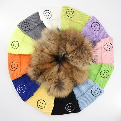 China Real KAZUFUR COMMON baby Beanie Hats Kids Knit Fur Pompoms Beanie with raccoon fur ball for sale