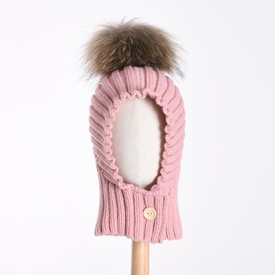 China KAZUFUR SKI JOINT Acrylic Kids Face Mask Beanie Hat Kids Knitted Hats With Fur Pom Poms for sale