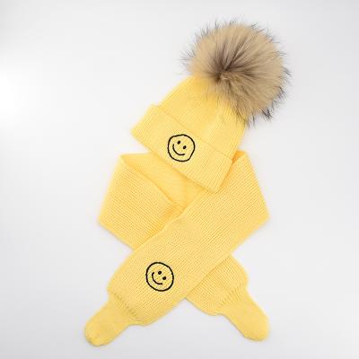 China KAZUFUR COMMON Kids Knitted Scarf Hat Set For Baby Children Real Fur Pompom Winter Hat And Scarf Set for sale