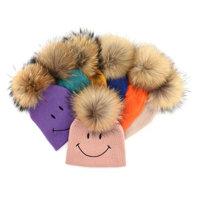 China Warm Kids Beanie Hats Raccoon Fur Pom Pom Kids Winter Beanie Hats KAZUFUR COMMON for sale