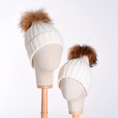 China KAZUFUR COMMON Parent-child Pompom Removable Fur Knitted Hat Knit Beanie Pom Pom Hat for sale