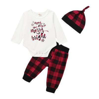 China Other Solid Christmas Baby Clothes 3Pcs Newborn Rompers 100% Cotton Plaid Jumpsuit Pants Wholesale for sale