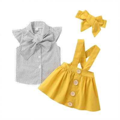 China Other Hot Selling Cute Baby Polka Dot Yellow Dress White Top And Headnband Three-Piece Suit for sale