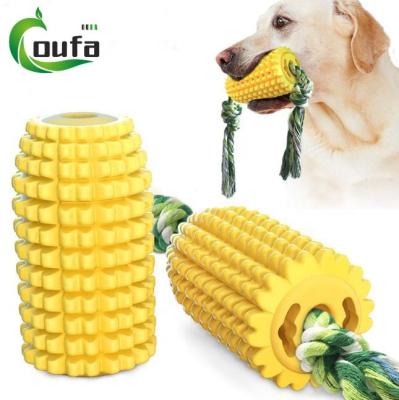 China Sustainable Fashion Eco-Friendly Corn Shaped TPR Dog Treat Toothbrush Dispensing Teeth Cleaning Squeaky Toys Pet Chew Toy for sale