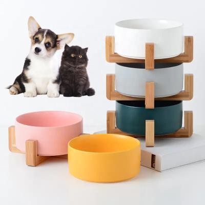 China Wholesale Customized Durable Pet Cat Dog Ceramic Round Food Water Bowl Viable With Wooden Stand Frame for sale