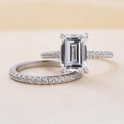 China Customized Wedding 925 Emerald Cut Simulation Diamond Women's CLASSIC Silver White Gold Ring Set for sale