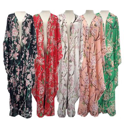 China Free Size Dubai Chiffon Kaftan Long Bat Wing Cardigan Dress Women Abaya Turkish Floral Muslim Islamic Clothing Wholesale High Quality Free Size for sale