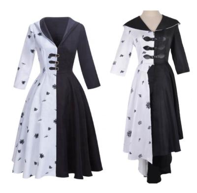 China Eco-friendly Soft Material Halloween Cosplay 101 Dalmatians Cruella Red Dress Costume Disguise Cruella De Vil Cocktail Dress For Adults for sale