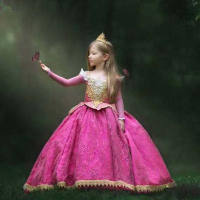 China New Year's Cosplay Princess Sleeping Beauty Aurora Summer Flower Girls Dresses Soft Material Costume Birthday Party Gold Lace Eco-friendly Party Dress for sale