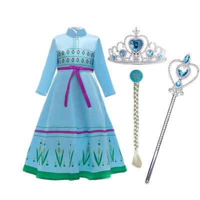 China Fancy Soft Material Eco-friendly Elsa Dress Costumes Princess Elsa Dress Girls Birthday Party Collection Of Halloween Cosplay Wig With Magic Wand Crown for sale