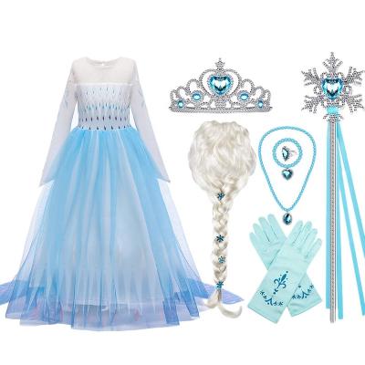 China Soft Material Eco-friendly Elsa Dress Princess Elsa Dress Costumes Girls Birthday Party Fancy Halloween Collection With Cosplay Wig Magic Wand Crown for sale