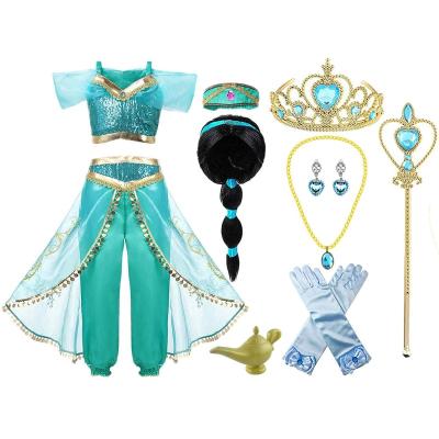 China Aladdin Princess Fancy Dress Jasmine Wig Halloween Jasmine Princess Party Costume Cosplay Eco-friendly Soft Material Popular Collection For Kids for sale