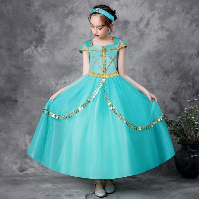 China Fashion Girl Eco-friendly Soft Material Satin Dresses Cosplay Fairy Tale Green Aladdin Jasmine Princess Party Prom Girls Dresses Costumes 6-14 Years Old for sale