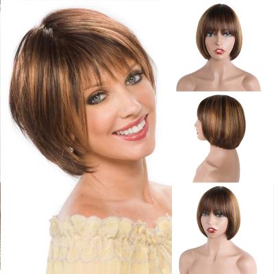 China Forcuteu Silky Straight Wave Short 8 Inch Brazilian Straight Highlight Bob Non Lace Fringe Bangs Glueless Bone Piano Color Hair Blonde Wig for sale