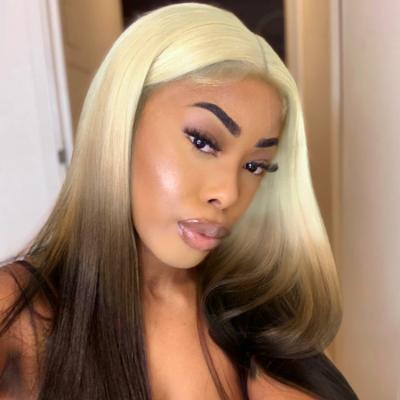 China High Quality Silky Straight Wave Forcuteu Bone Long Straight Lace Front Raw Indian Ombre Chocolate Platinum Hair Wig For Black Women for sale