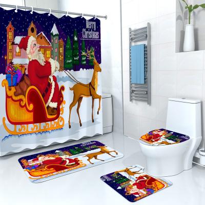 China 2021 Themed Santa Claus Snowman Polyester Fabric Bathroom Shower Curtain Set Viable Christmas Gift for sale