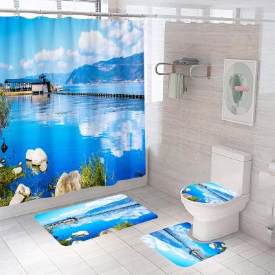 China Natural Color 3D Landscape Digital Printing U-Shaped Shower Curtain Four-Piece Bathroom Toilet Set Toilet Floor Mat Rug for sale