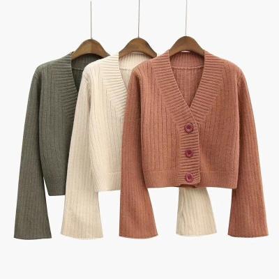 China 2021 Anti-wrinkle V-Neck Cardigan Sweater Long Sleeve Ribbed Knitted Cotton Women Crop Sweaters for sale