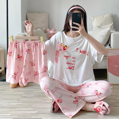 China QUICK DRY Milk Silk Short Sleeves Shorts Pants Suit 3pcs Pajamas Fashion Cute Women's Loose Home Wear Pajamas Set for sale