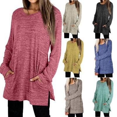 China 2021 New Fashion Women's Loose Section Sweatshirt Solid Color Pocket Long Sleeve QUICK DRY Crew Neck Long for sale