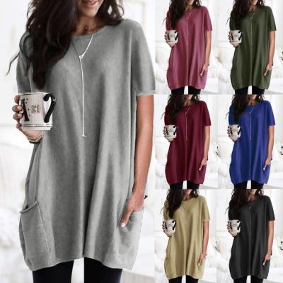 China Mid Long Sleeve T-Shirt Summer Short Sleeve T-Shirt Women Plus Size Pocket Casual Women's T-Shirts for sale