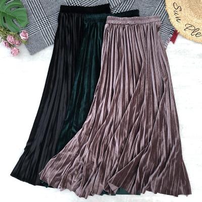 China Autumn Winter Fashion Golden Velvet 2021 Breathable Pleated Casual Elastic Skirts Ladies High Waist Maxi Skirt for sale