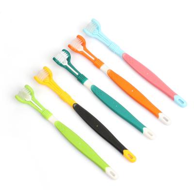 China 3 Side Supply Triple Viable Wholesale Pet Dog Head 3d Toothbrush Teeth Super Soft Clean Tool for sale