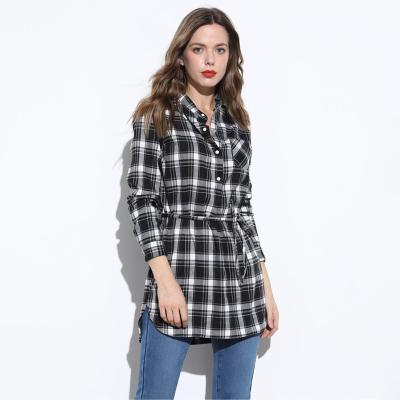 China Supplier Custom Casual Spring Viable Spring Tie Front Button Women Plaid Flannel Cool Long Sleeve Shirt for sale