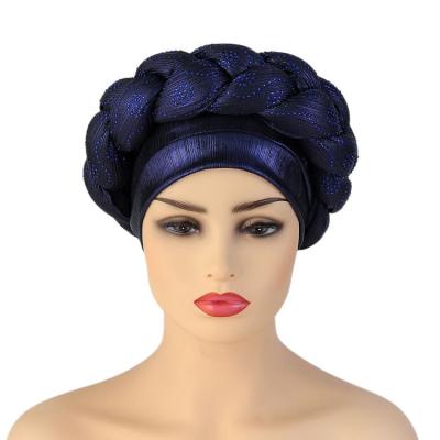 China Multifunctional African Turban for Women Beanie Hat Twist Braid Hair Cover Pre Tied Knot Headwrap for Women Girls Black and Navy Blue for sale