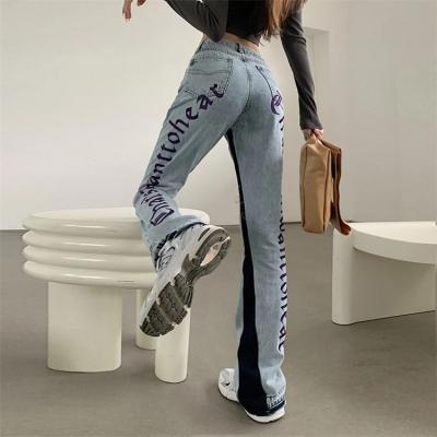 China New European style women's jeans breathable embroidery high-waisted letter embroidery straight-leg loose pants for sale