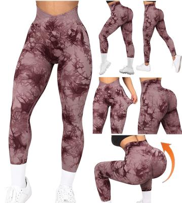 China Breathable Professional Sport Wear Yoga Pants Seamless Activewear Butt Lifting Gym Fitness Tie Dye V Cut Green Leggings For Women for sale