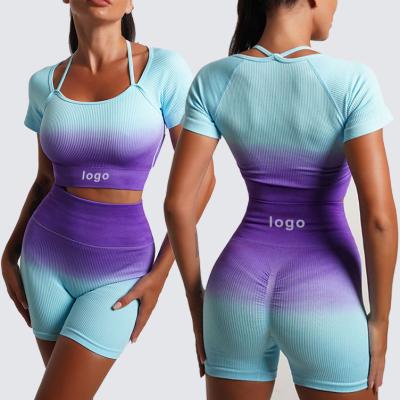 China Breathable Workout Shorts Custom Logo Seamless Yoga Casual 2 Piece Outfits Crop Top Sports High Waist Shorts Women Custom Gym Fitness Sets for sale