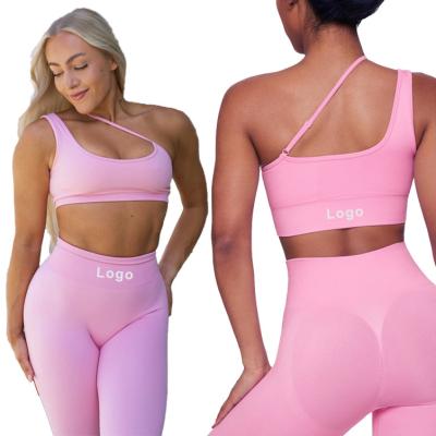 China Breathable New Breathable Fabric Gym Workout Yoga Wear Ropa De Verano Deportiva Para Mujer Women Back Cross Design Pink Sports Bra Set for sale