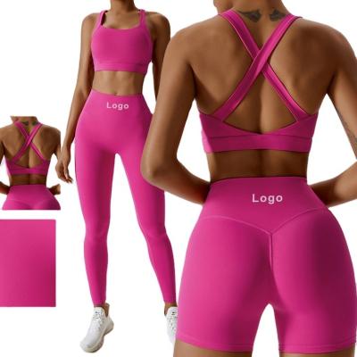 China Breathable 2023 New 3 Piece Set Tracksuits Yoga Sports Suit Lounge Wear Crop Tops Sexy Women Leggings Shorts Pink Gym Fitness Sets for sale